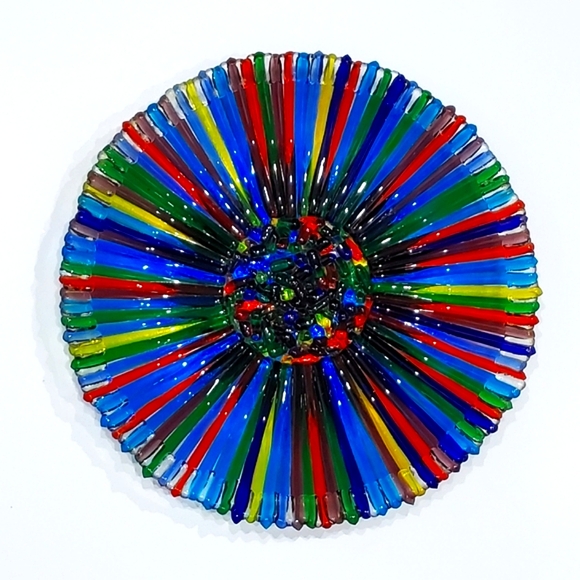 14"🌈Stunning Colorful Fused Glass Art Primary Colors Rainbow Explosion Unsigned - Picture 2 of 9